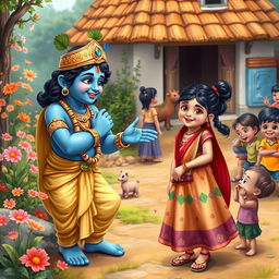 A heartwarming scene showing Lord Krishna joyfully assisting a young girl in making friends