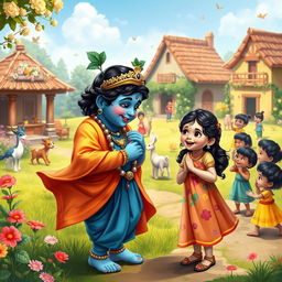 A heartwarming scene showing Lord Krishna joyfully assisting a young girl in making friends