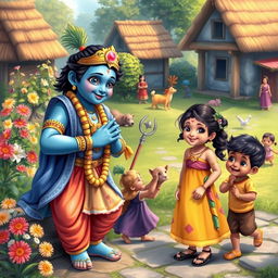 A heartwarming scene showing Lord Krishna joyfully assisting a young girl in making friends