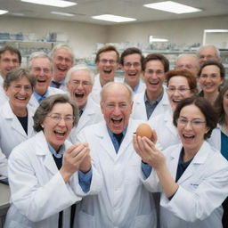 A jubilant scene of scientists in a bustling laboratory, holding a newly created egg, a product of their research on the ancient tree's DNA, their faces showing triumph and satisfaction