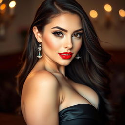 A close-up portrait of a confident and attractive brunette woman with big breasts, wearing a stylish and seductive outfit that highlights her curves