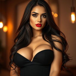 A close-up portrait of a confident and attractive brunette woman with big breasts, wearing a stylish and seductive outfit that highlights her curves
