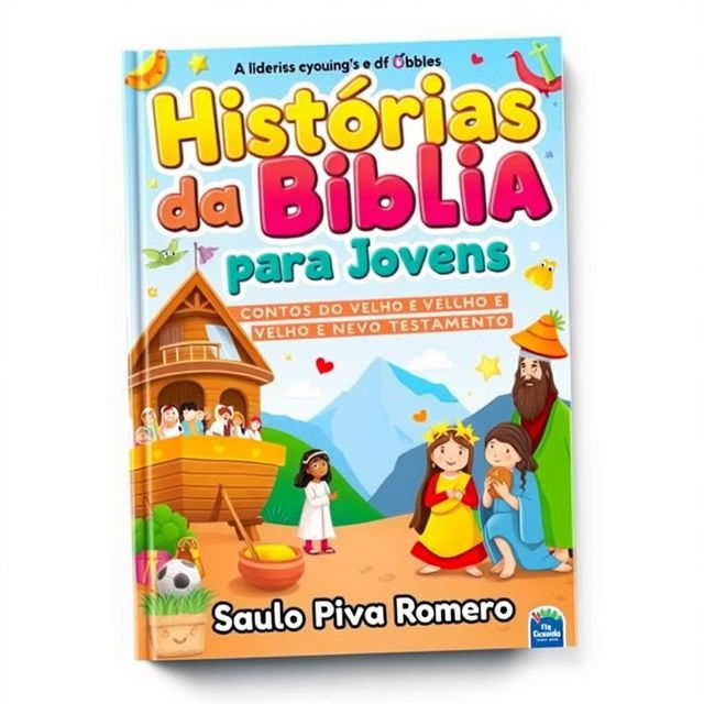 A colorful and engaging book cover designed for a children's and young adult book titled 'Histórias da Bíblia para Jovens: CONTOS do Velho e Novo Testamento' by Saulo Piva Romero