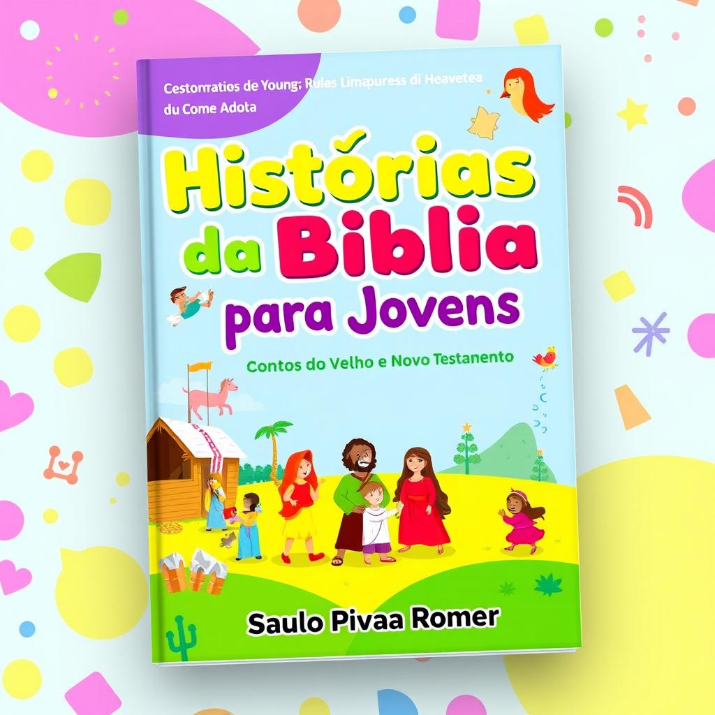 A colorful and engaging book cover designed for a children's and young adult book titled 'Histórias da Bíblia para Jovens: CONTOS do Velho e Novo Testamento' by Saulo Piva Romero