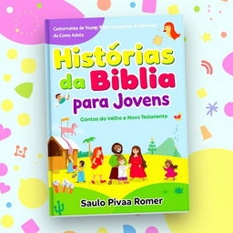 A colorful and engaging book cover designed for a children's and young adult book titled 'Histórias da Bíblia para Jovens: CONTOS do Velho e Novo Testamento' by Saulo Piva Romero