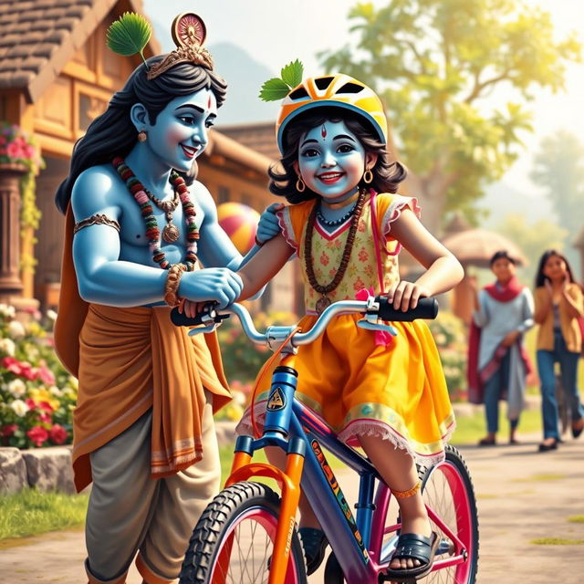 A joyful scene capturing Lord Krishna assisting a young girl as she learns to ride a bike