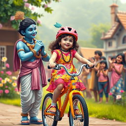 A joyful scene capturing Lord Krishna assisting a young girl as she learns to ride a bike