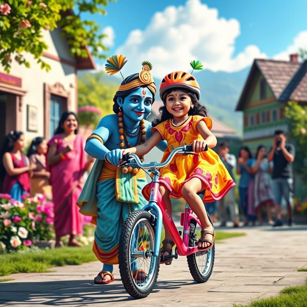 A joyful scene capturing Lord Krishna assisting a young girl as she learns to ride a bike