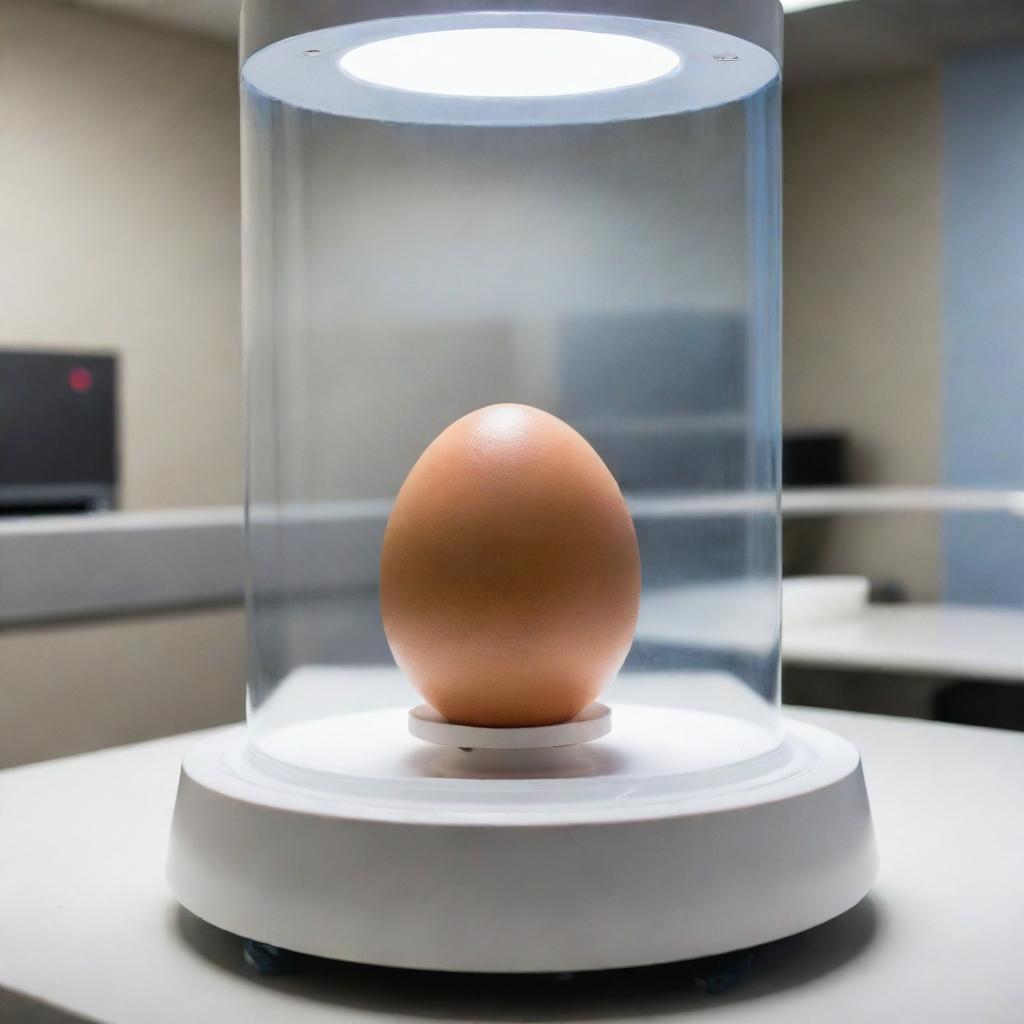 The precious egg, carefully placed within a state-of-the-art incubator, where it bathes in warm, nurturing light, surrounded by the watchful eyes of hopeful scientists