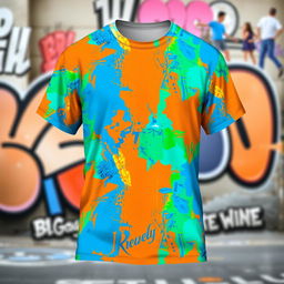 A stylish and modern t-shirt design featuring a vibrant abstract pattern with bright colors like blue, orange, and green