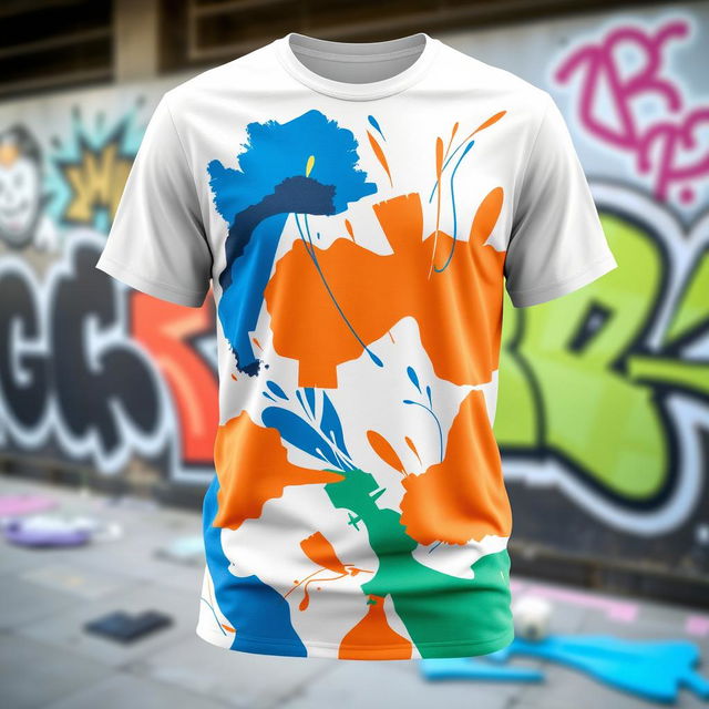 A stylish and modern t-shirt design featuring a vibrant abstract pattern with bright colors like blue, orange, and green