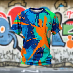A stylish and modern t-shirt design featuring a vibrant abstract pattern with bright colors like blue, orange, and green