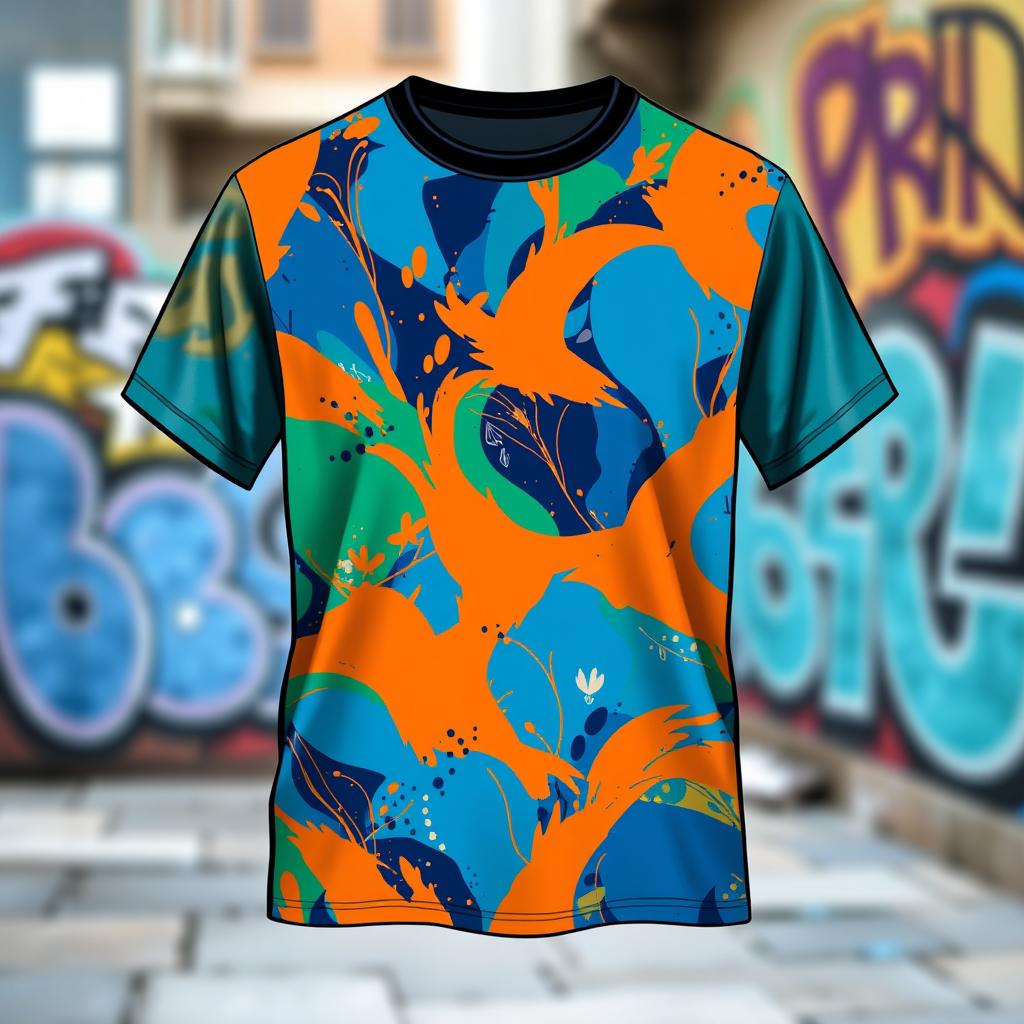 A stylish and modern t-shirt design featuring a vibrant abstract pattern with bright colors like blue, orange, and green