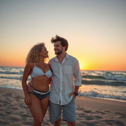 A couple enjoying a romantic sunset at the beach