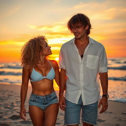 A couple enjoying a romantic sunset at the beach