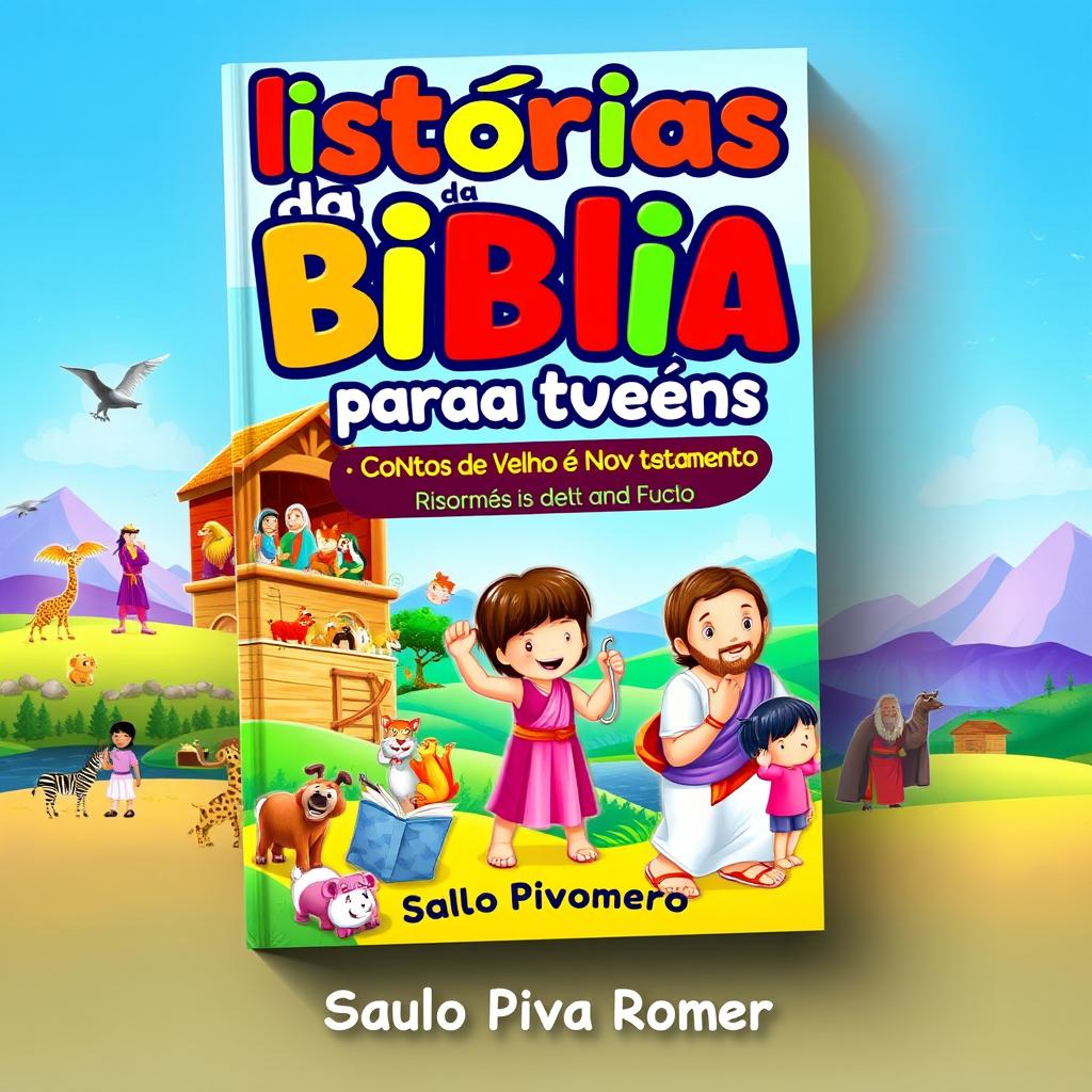 A colorful and engaging book cover designed for a children's and young adult book titled 'Histórias da Bíblia para Jovens: CONTOS do Velho e Novo Testamento' by Saulo Piva Romero