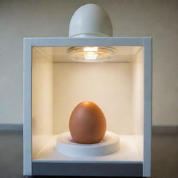 The precious egg, carefully placed within a state-of-the-art incubator, where it bathes in warm, nurturing light, surrounded by the watchful eyes of hopeful scientists