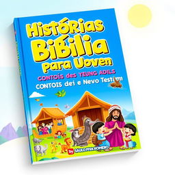 A colorful and engaging book cover designed for a children's and young adult book titled 'Histórias da Bíblia para Jovens: CONTOS do Velho e Novo Testamento' by Saulo Piva Romero