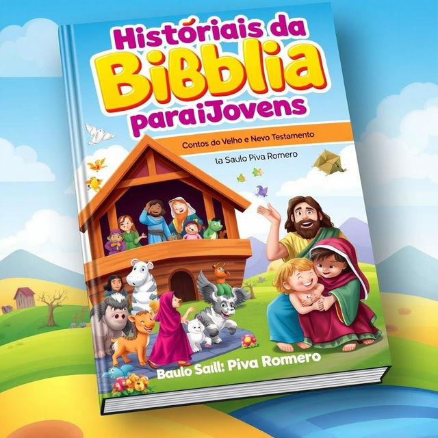 A colorful and engaging book cover designed for a children's and young adult book titled 'Histórias da Bíblia para Jovens: CONTOS do Velho e Novo Testamento' by Saulo Piva Romero