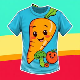 A vibrant and colorful t-shirt design featuring a large, cute, cartoon-style carrot with a smiling face