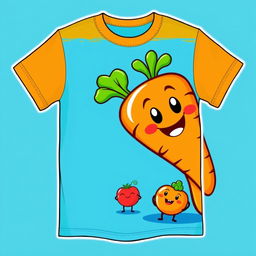 A vibrant and colorful t-shirt design featuring a large, cute, cartoon-style carrot with a smiling face