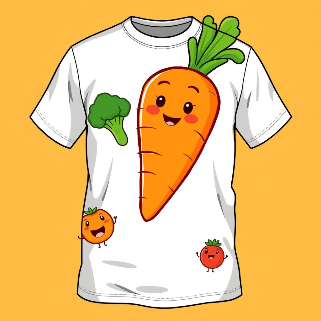 A vibrant and colorful t-shirt design featuring a large, cute, cartoon-style carrot with a smiling face
