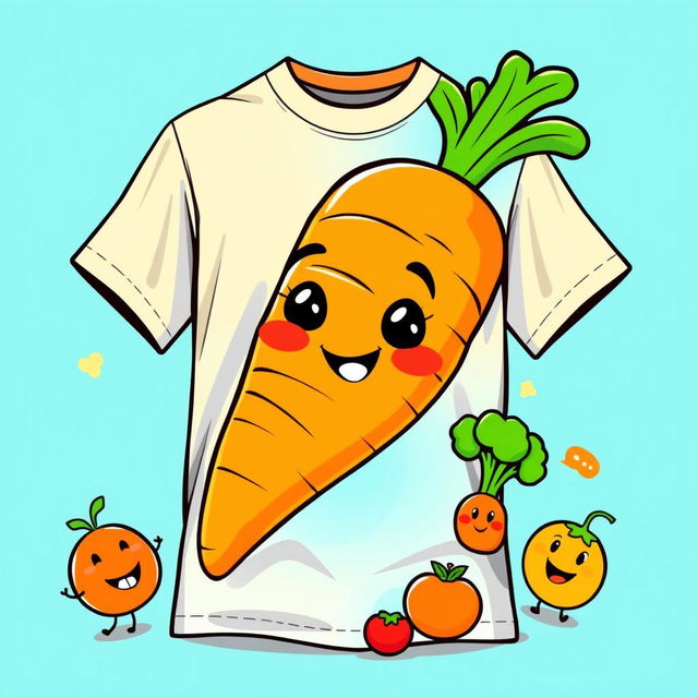 A vibrant and colorful t-shirt design featuring a large, cute, cartoon-style carrot with a smiling face