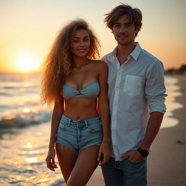 A romantic scene at a beach during sunset featuring a couple