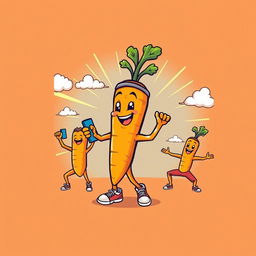 A lively t-shirt design featuring a cute, cartoon-style carrot engaging in various exercises