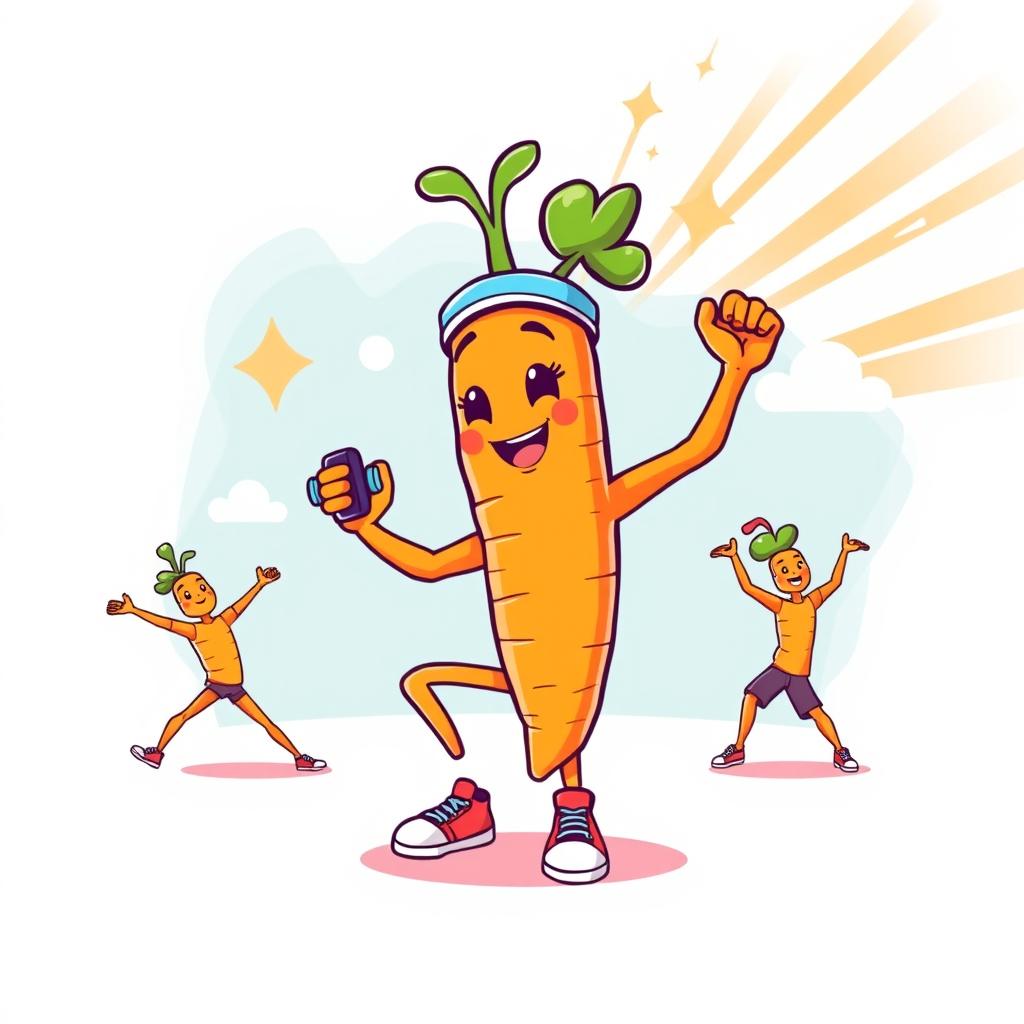 A lively t-shirt design featuring a cute, cartoon-style carrot engaging in various exercises