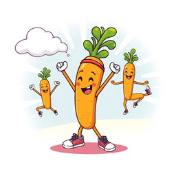 A lively t-shirt design featuring a cute, cartoon-style carrot engaging in various exercises
