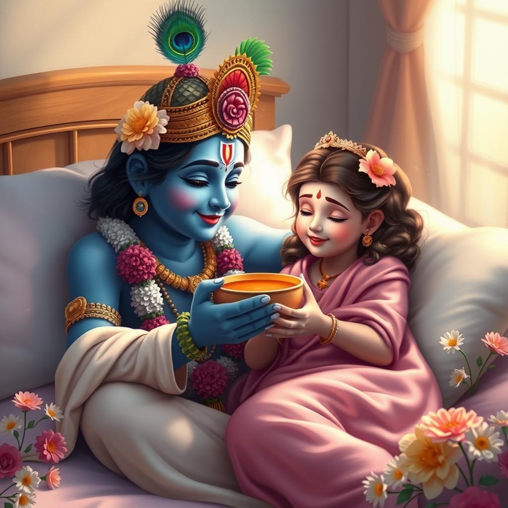 A tender scene depicting Lord Krishna compassionately caring for a sick girl