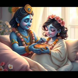 A tender scene depicting Lord Krishna compassionately caring for a sick girl