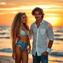 A romantic scene at a beach during sunset featuring a couple