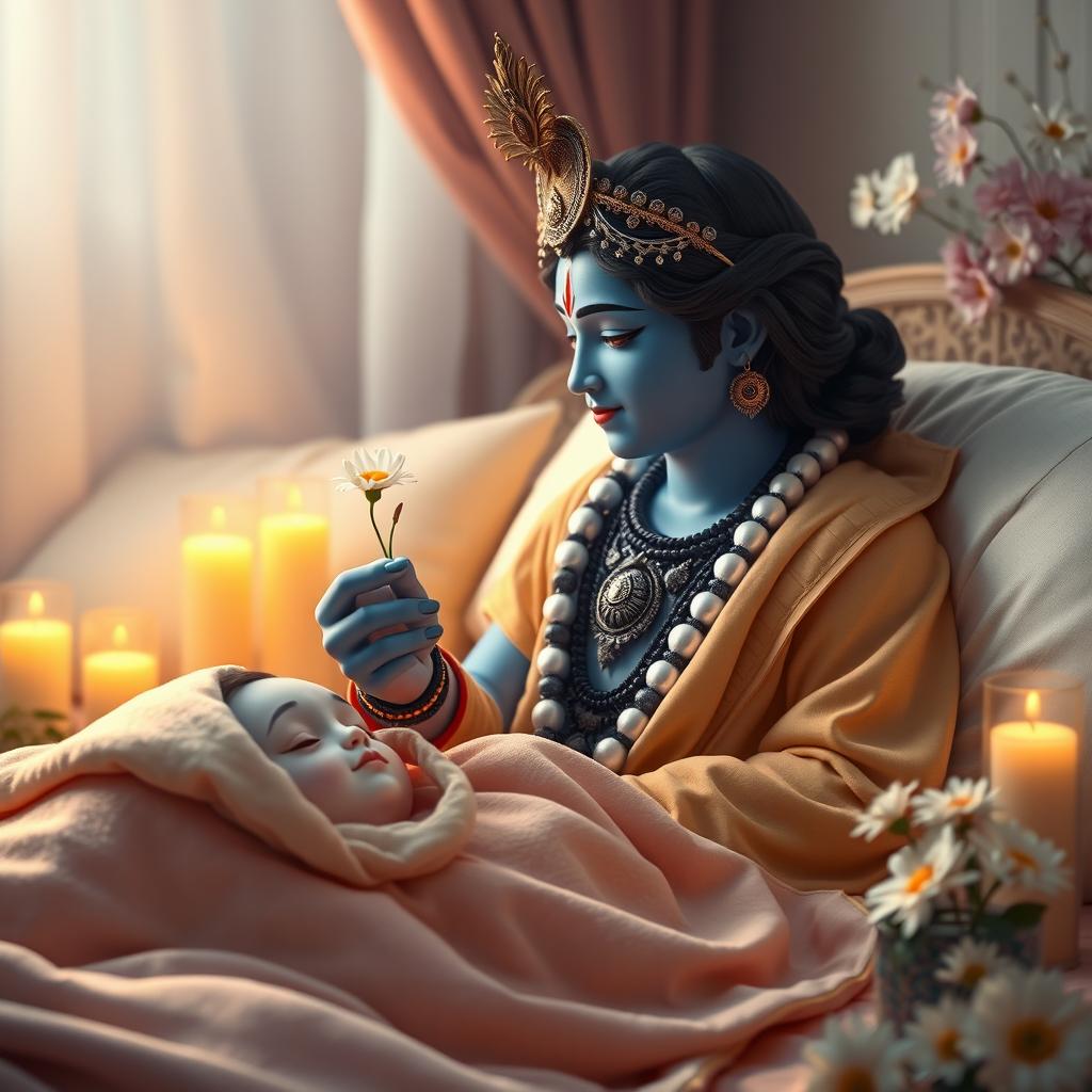 A serene and compassionate scene featuring Lord Krishna seated beside a sick girl