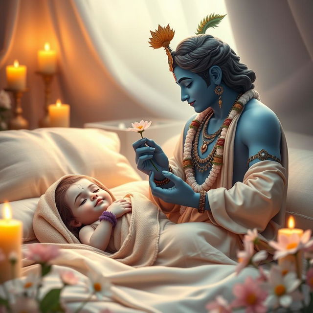 A serene and compassionate scene featuring Lord Krishna seated beside a sick girl