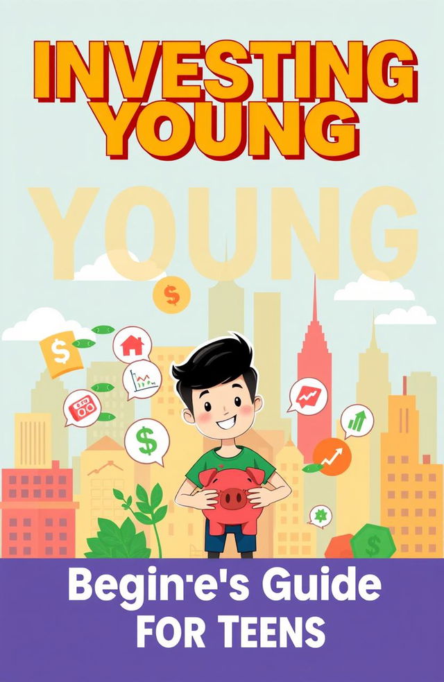 A visually engaging and informative cover for a beginner's guide on investing for teens, featuring bold, attractive colors and vibrant illustrations