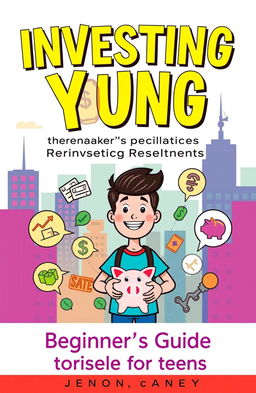 A visually engaging and informative cover for a beginner's guide on investing for teens, featuring bold, attractive colors and vibrant illustrations