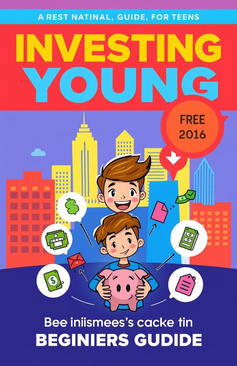 A visually engaging and informative cover for a beginner's guide on investing for teens, featuring bold, attractive colors and vibrant illustrations