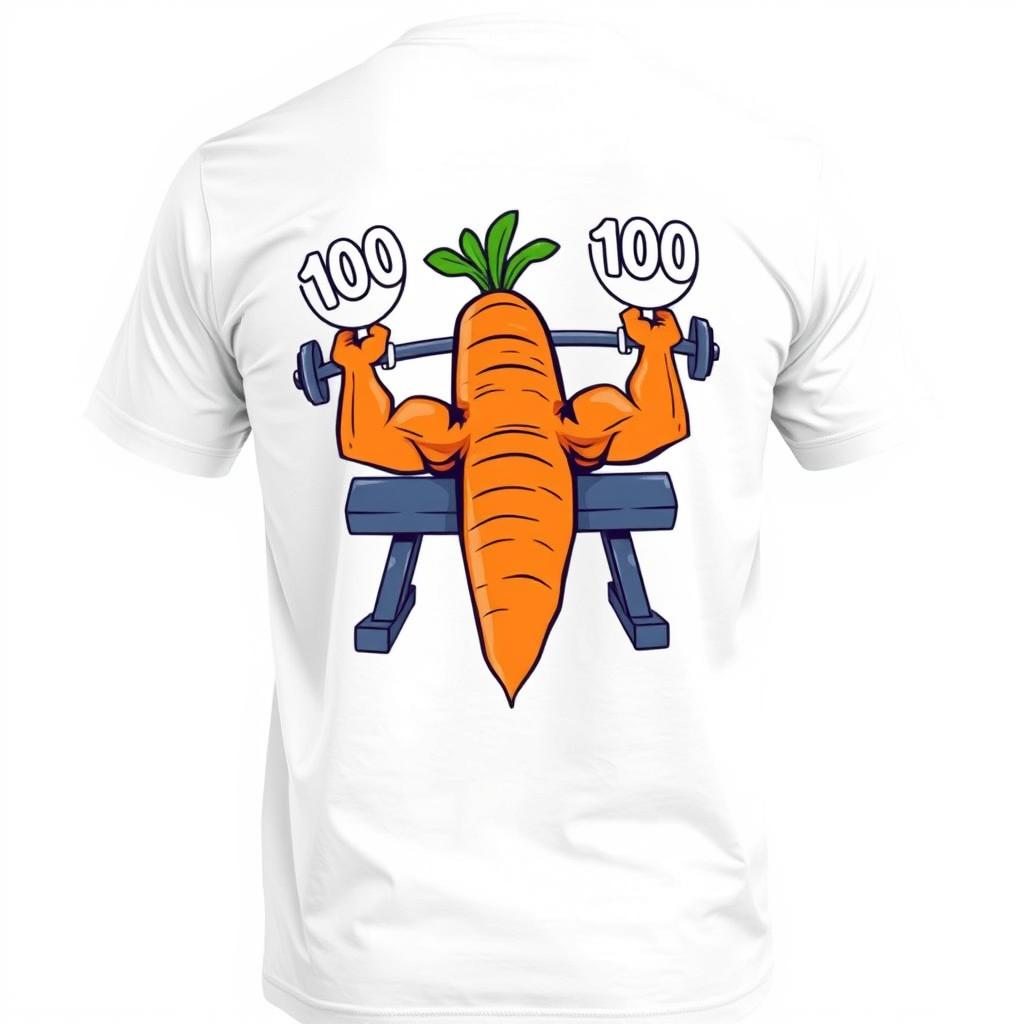 A t-shirt design featuring a cartoon-style carrot on the back, humorously performing bench press with 100 kilograms on each side