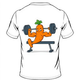 A t-shirt design featuring a cartoon-style carrot on the back, humorously performing bench press with 100 kilograms on each side