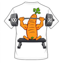 A t-shirt design featuring a cartoon-style carrot on the back, humorously performing bench press with 100 kilograms on each side