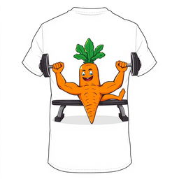 A t-shirt design featuring a cartoon-style carrot on the back, humorously performing bench press with 100 kilograms on each side