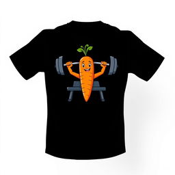 A black t-shirt design featuring a cartoon-style carrot on the back, humorously performing bench press