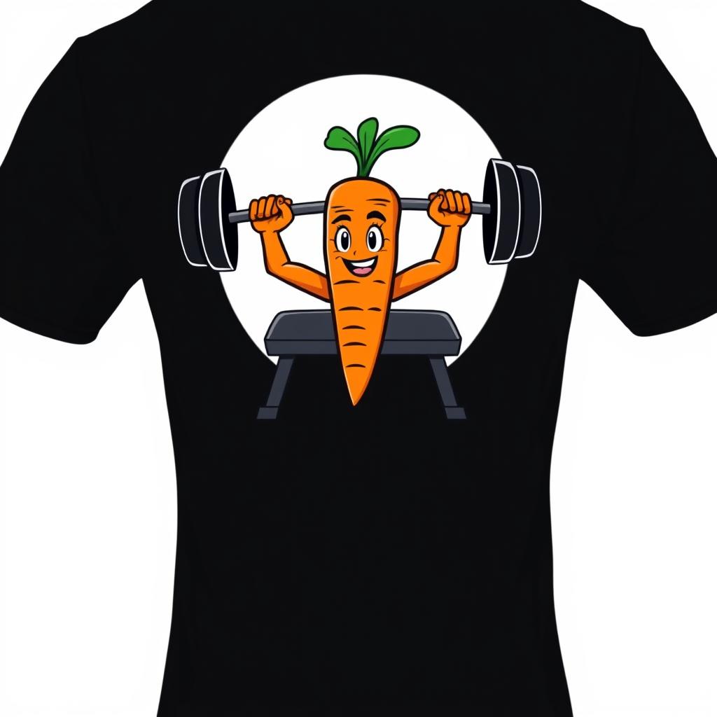 A black t-shirt design featuring a cartoon-style carrot on the back, humorously performing bench press