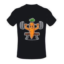 A black t-shirt design featuring a cartoon-style carrot on the back, humorously performing bench press