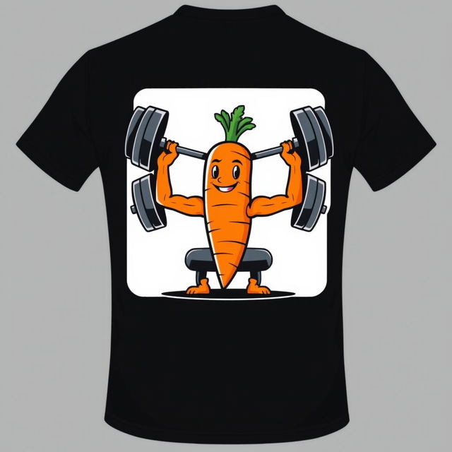 A black t-shirt design featuring a cartoon-style carrot on the back, humorously performing bench press