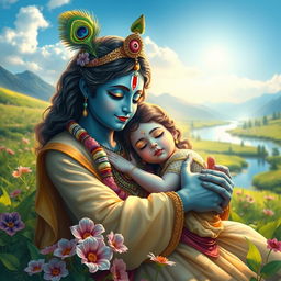 A serene and divine scene depicting Lord Krishna, the Hindu deity, lovingly cradling an ill girl in a lush green landscape