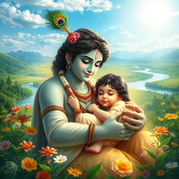 A serene and divine scene depicting Lord Krishna, the Hindu deity, lovingly cradling an ill girl in a lush green landscape