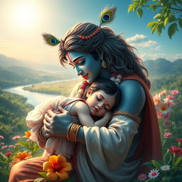 A serene and divine scene depicting Lord Krishna, the Hindu deity, lovingly cradling an ill girl in a lush green landscape